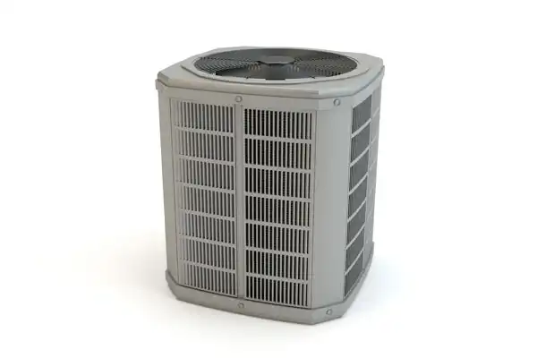 A gray HVAC unit with a large fan on top, featuring vertical grille panels on its sides, stands isolated on a white background, showcasing the pinnacle of air conditioning repair efficiency.