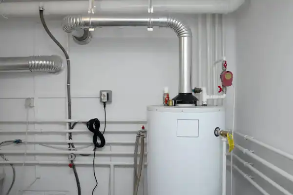 A water heater with connected pipes is installed in a utility room alongside the recent furnace installation. Ducts and electrical wiring are visible on the white walls.