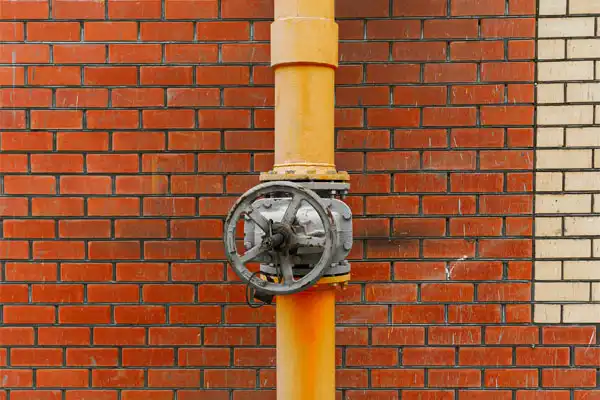 A yellow pipe with a metal valve, possibly indicating a gas line repair, is mounted on a brick wall that showcases both red and beige bricks.