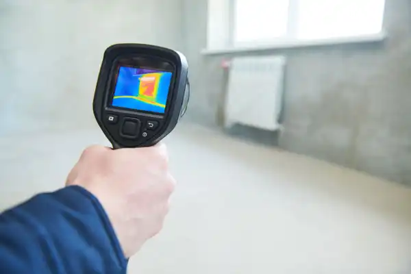 A person holds a thermal imaging camera in a room, expertly using it for leak detection, with the screen vividly displaying a detailed heat map.
