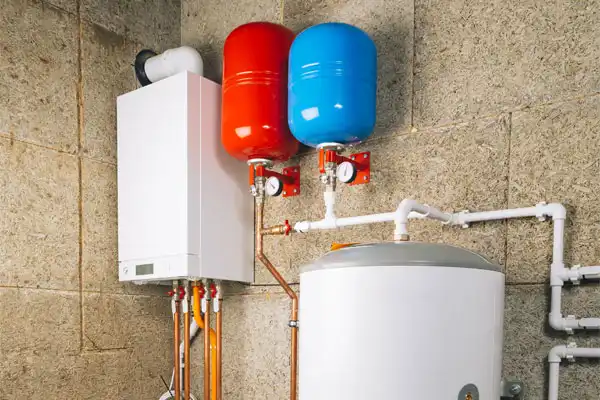 This water heater installation features a white boiler, red and blue expansion tanks, and a cylindrical storage tank nestled in the corner. Copper and PVC pipes weave gracefully against the textured wall background.