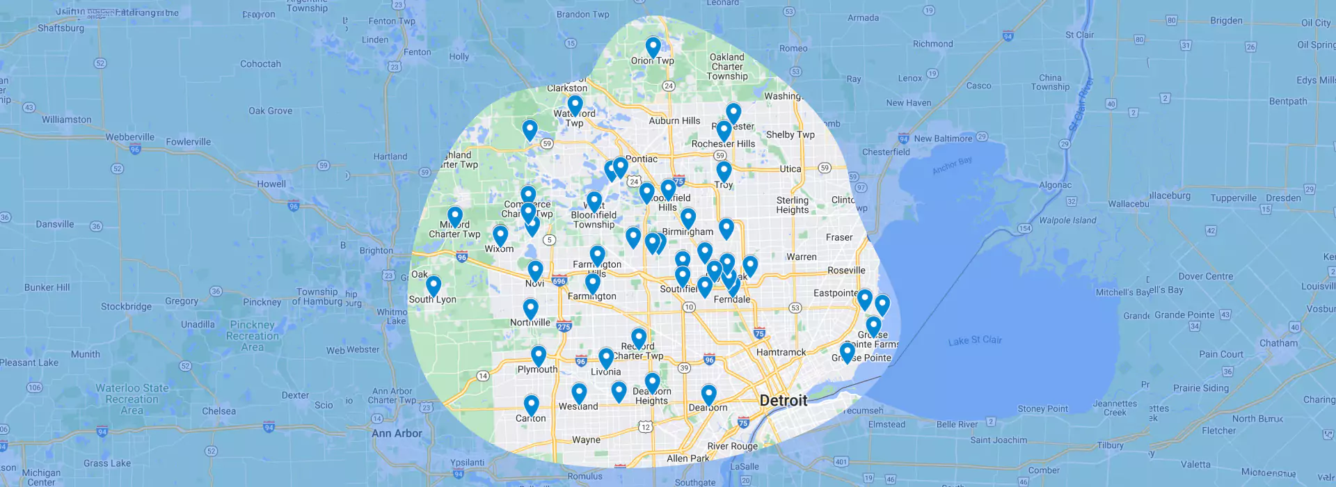 Our Service Area | Levine &Amp; Sons Plumbing, Heating, &Amp; Cooling A Map Displaying Numerous Blue Location Markers Across The Detroit Metropolitan Area Illustrates Various Service Areas And Points Of Interest. The Map Highlights Highways, Cities, And Nearby Bodies Of Water.