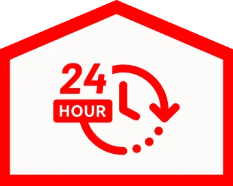 Red And White Graphic Showing A Clock With An Arrow And The Text &Quot;24 Hour,&Quot; Indicating 24-Hour Or Around-The-Clock Service.