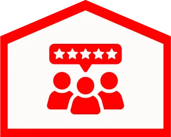 Red Icon Showing Three People With A Five-Star Rating In A Speech Bubble Above Them, All Inside A Red-Outlined House Shape.