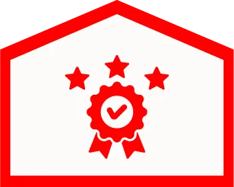 Red Award Ribbon With A Check Mark And Three Stars Above It, All Inside A Red-Outlined Pentagon.