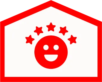 Red Outline Of A House With A Smiling Face And Five Stars Above It, All In Red, On A White Background.