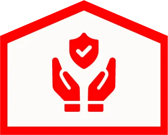 Red Icon Of Two Hands Holding A Shield With A Checkmark Inside, Enclosed By A Red House-Shaped Outline On A White Background.