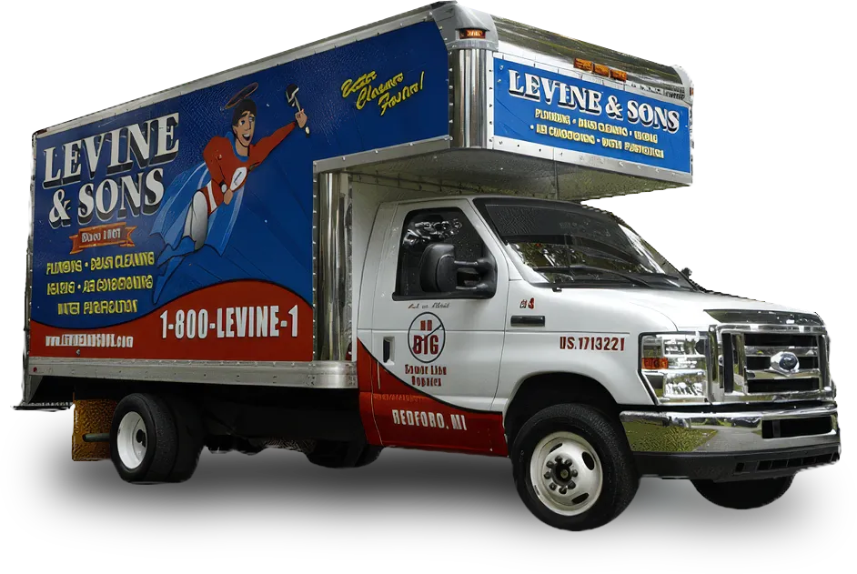 A Levine &Amp; Sons Branded Box Truck Displays Company Information And Contact Number, With Graphics Advertising Plumbing, Heating, And Air Conditioning Services.